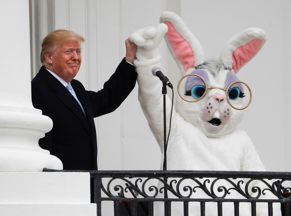 President Trump with the Easter Bunny at the annual White House Easter Egg Roll on April 2, 2018. (Photo: Pablo Martinez Monsivais/AP)