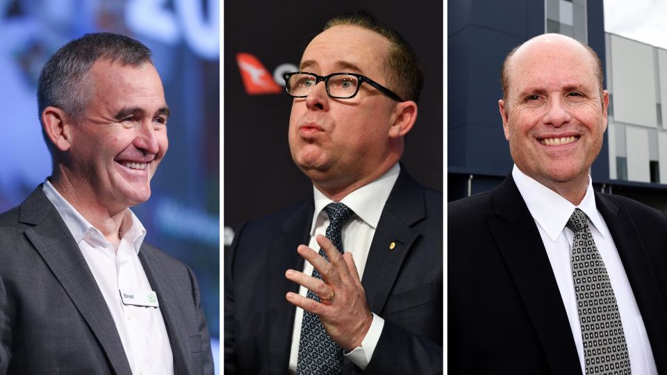 Left to right: Woolworths CEO Brad Banducci; Qantas CEO Alan Joyce; CSL CEO Paul Perreault. (Source: Getty, AAP)