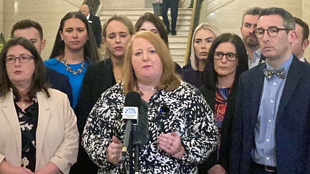  Alliance Party leader Naomi Long, centre, speaking to the media at Parliament Buildings Stormont, Belfast 