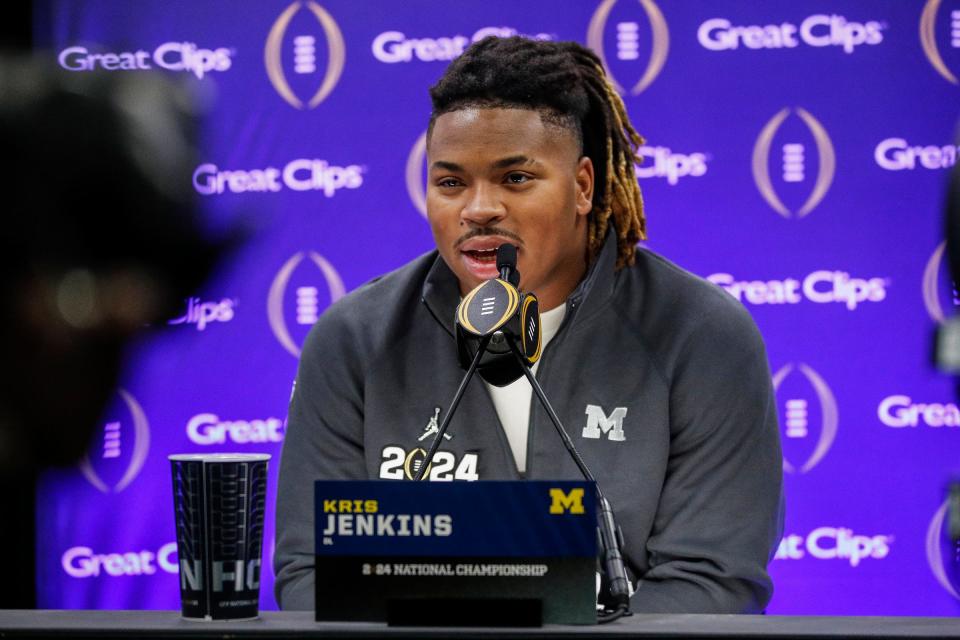Michigan defensive lineman Kris Jenkins (94) speaks during Media Day at George R. Brown Convention Center in Houston, Texas on Saturday, Jan. 6, 2024.