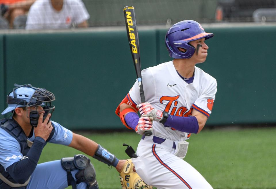 Clemson freshman Cam Cannarella (10) bats against University of North Carolina during the bottom of the first inning at Doug Kingsmore Stadium in Clemson Saturday, May 20, 2023.