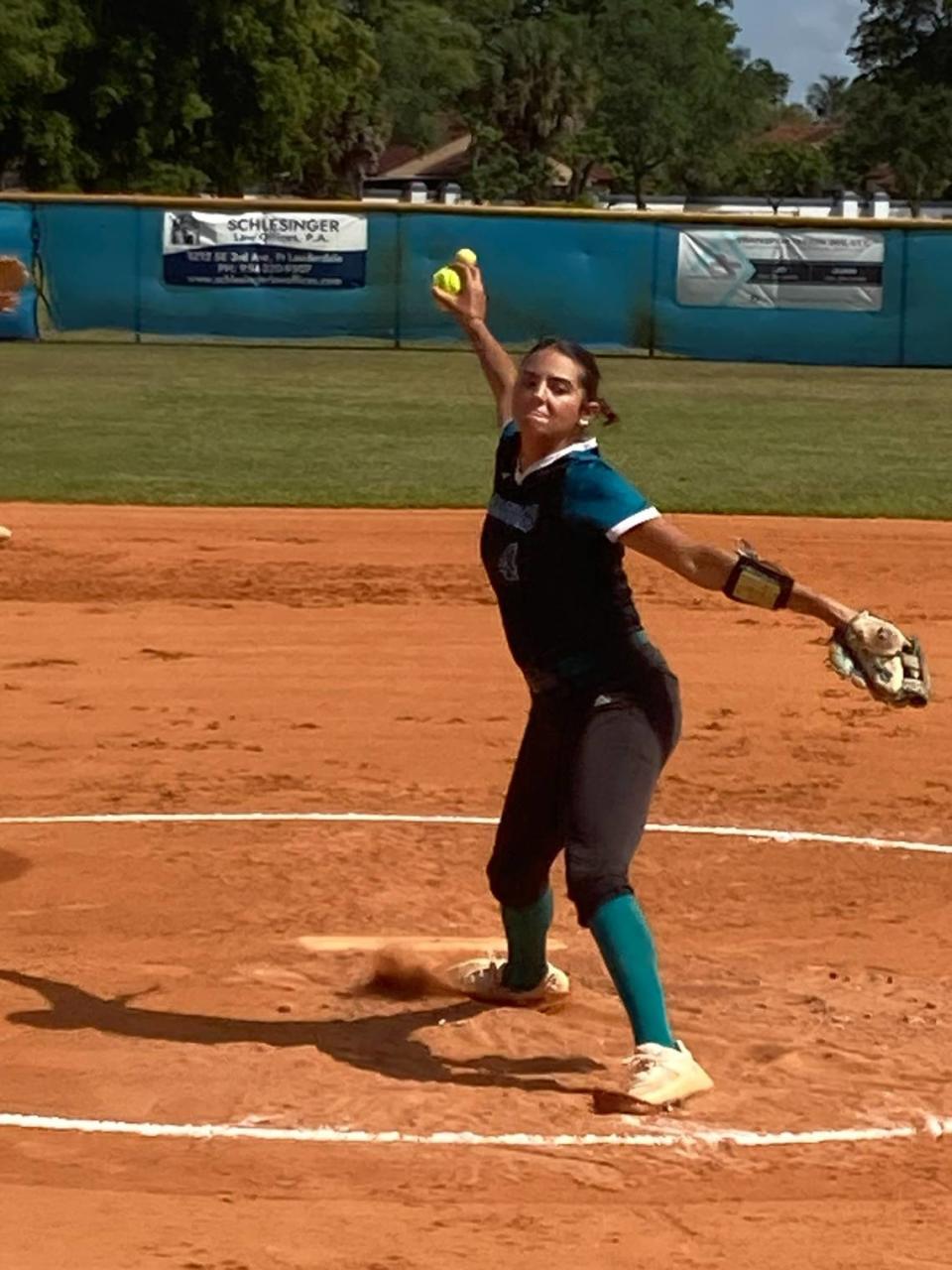 Coral Reef pitcher Aubrey Alonso allowed just one baserunner in four innings during her start Thursday. The Barracudas won 17-0 to secure the GMAC championship. Bill Daley/Special to the Miami Herald
