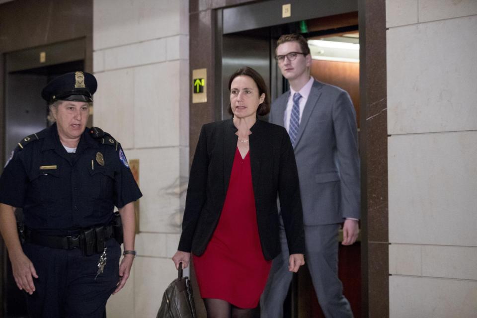 Former White House advisor on Russia, Fiona Hill, arrives on Capitol Hill in Washington, Monday, Oct. 14, 2019, as she is scheduled to testify before congressional lawmakers as part of the House impeachment inquiry into President Donald Trump. (AP Photo/Andrew Harnik)