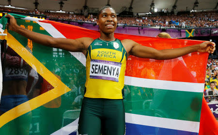 FILE PHOTO: South Africa's Caster Semenya celebrates after she won silver in the women's 800m final at the London 2012 Olympic Games at the Olympic Stadium, Britain August 11, 2012. REUTERS/Phil Noble/File Photo