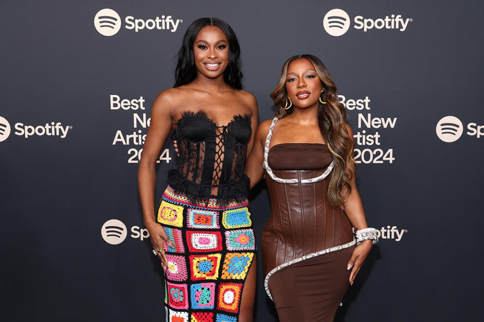 Coco Jones and Victoria Monét attend Spotify's 2024 Best New Artist Party at Paramount Studios on February 01, 2024 in Los Angeles, California.