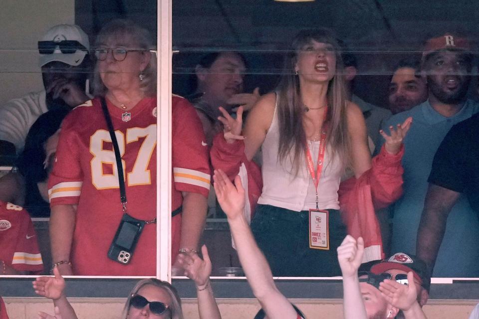 Taylor Swift watches from a suite alongside Travis Kelce's mother, Donna Kelce, during the Chicago Bears and Kansas City Chiefs game on Sunday in Kansas City, Mo.