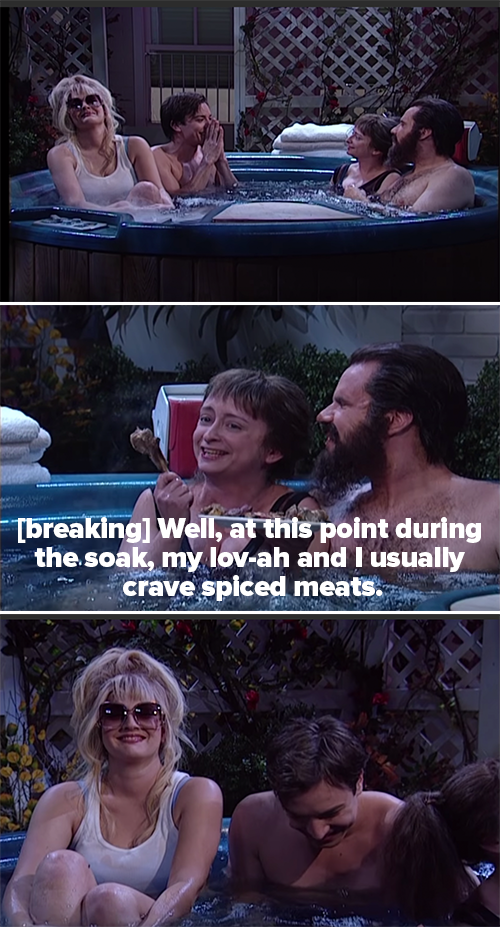 Jimmy laughing, Rachel breaking while saying "well, at this point during my soak, my love-ah and I usually crave spiced meats," and everyone laughing