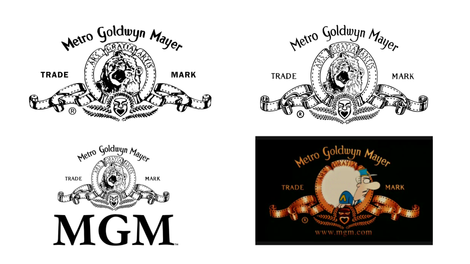 Three black and white MGM logos from 1986-2021, and opening credits parody still from The Pink Panther.