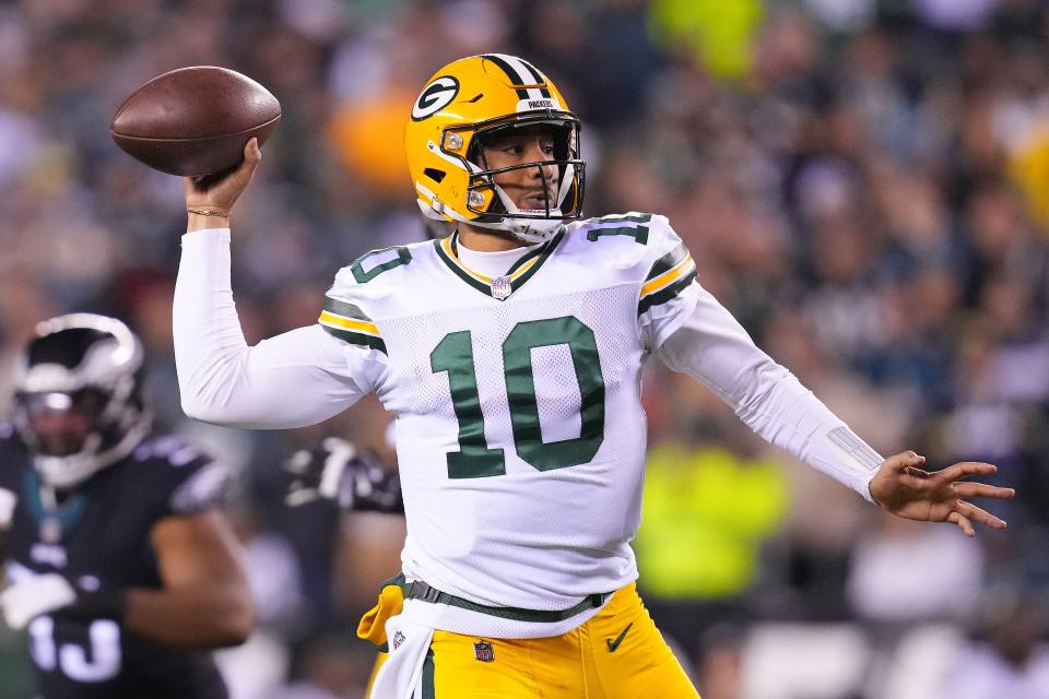 Green Bay Packers quarterback Jordan Love throws a pass during the fourth quarter against the Philadelphia Eagles.