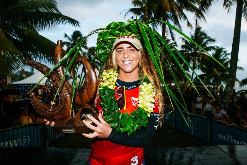 Caroline Marks of the United States after winning the Final at the SHISEIDO Tahiti Pro on Aug.16, 2023 at Teahupoʻo, Tahiti, French Polynesia.