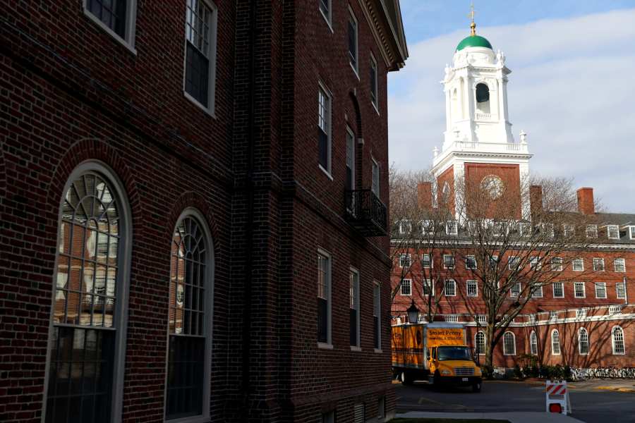 CAMBRIDGE, MASSACHUSETTS – MARCH 12: A moving truck sits in front of Eliot House on the campus of Harvard University on March 12, 2020 in Cambridge, Massachusetts. (Photo by Maddie Meyer/Getty Images)