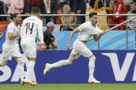 <p>Won it at the death: Uruguay’s Jose Gimenez wheels away after thumping in the winner in the 90th minute. (AP) </p>