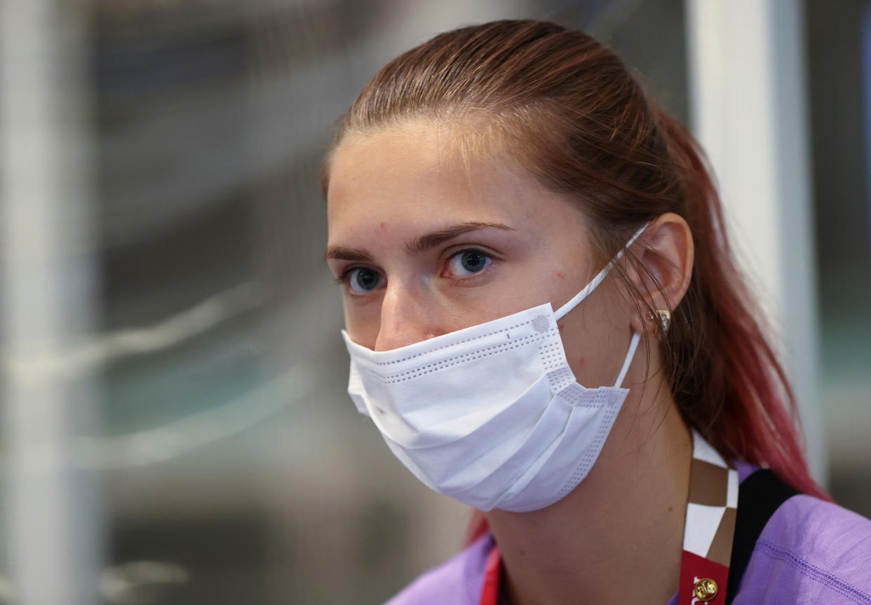 Belarusian athlete Krystsina Tsimanouskaya is seen at Haneda international airport in Tokyo, Japan August 1, 2021.  REUTERS/Issei Kato