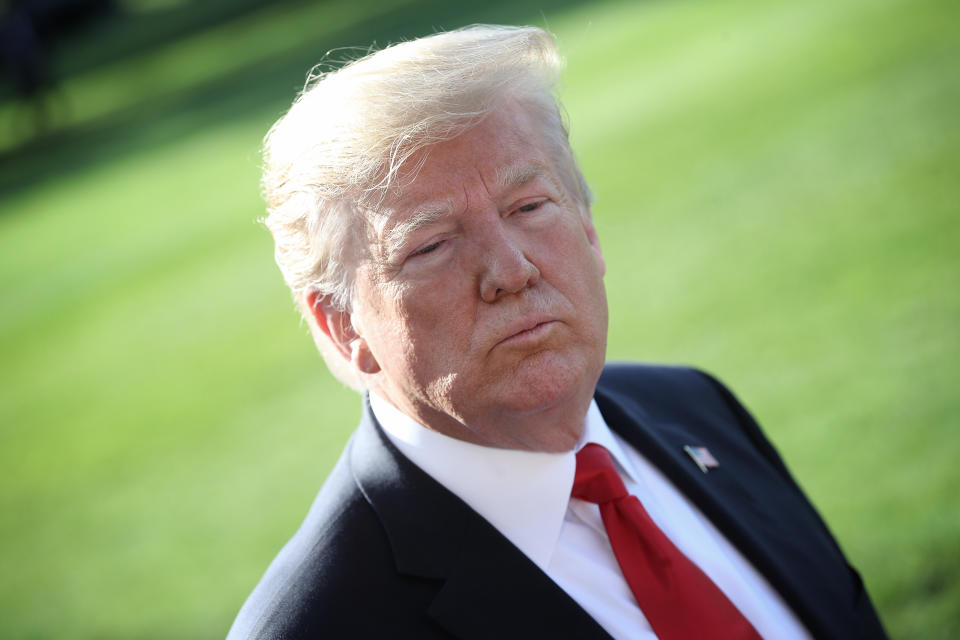 WASHINGTON, DC - MAY 30:  U.S. President Donald Trump answers questions on the comments of special counsel Robert Mueller while departing the White House May 30, 2019 in Washington, DC. Trump is scheduled to attend the commencement ceremony at the U.S. Air Force Academy in Colorado later in the day.(Photo by Win McNamee/Getty Images)