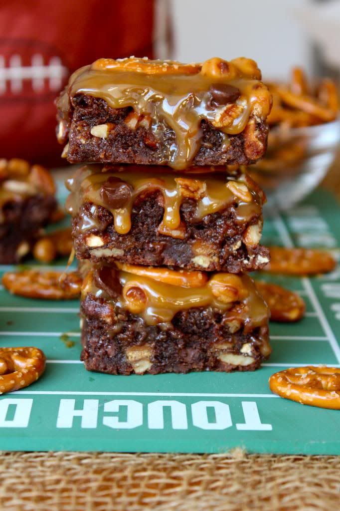 Touchdown Brownies with Caramel, Pecans, and Pretzels