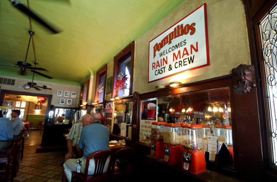 A sign welcoming the cast and crew of “Rain Man” still hangs on the walls of Pompilio’s Resturant in Newport, Kentucky.
