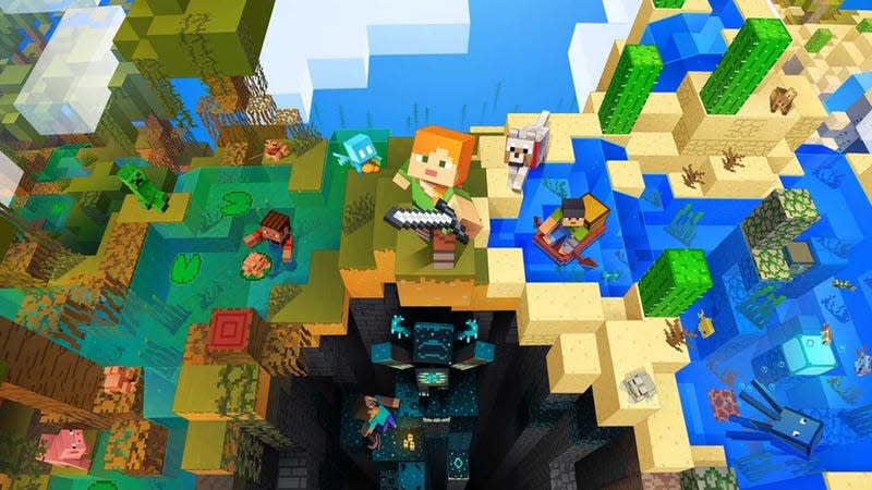 A Minecraft promo image, with Steve holding his sword aloft over a bunch of biomes.