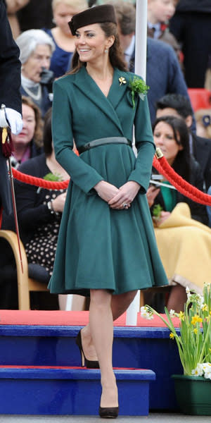 <b>Gorgeous in green</b><br><br> Showing her colours for St. Patrick's Day, the Duchess donned a Emilia Wickstead coat-dress for the Irish Guards' parade.