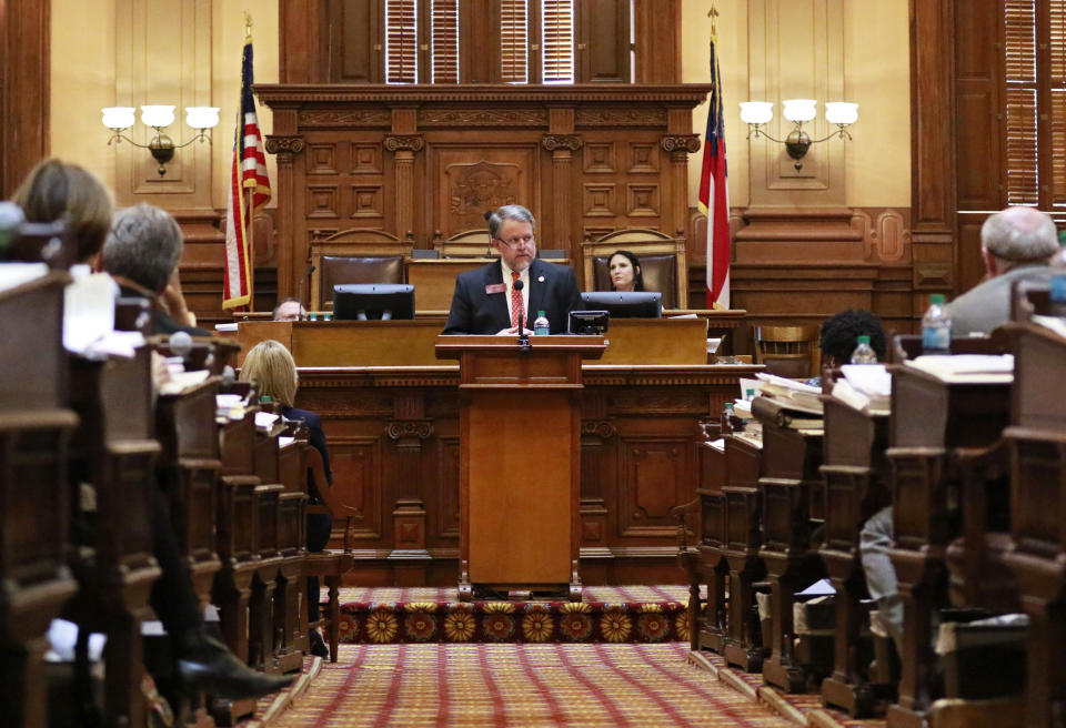 FILE - In this March 22, 2016 file photo, House Appropriations Chairman Terry England, R-Auburn, center, presents the budget at the state capitol in Atlanta. With Donald Trump’s election, Republicans in Congress will have the opportunity to overhaul Medicaid. “It’s exciting because you know it’s not going to be the same as it was, and it’s nerve-wracking because you know it’s not going to be the same as it was,” said England. (Bob Andres/Atlanta Journal-Constitution via AP, File)