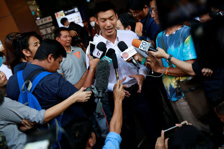 Thanathorn Juangroongruangkit, leader of the Future Forward Party, talks to media during his campaign rally in Bangkok, Thailand, February 20, 2019. REUTERS/Soe Zeya Tun