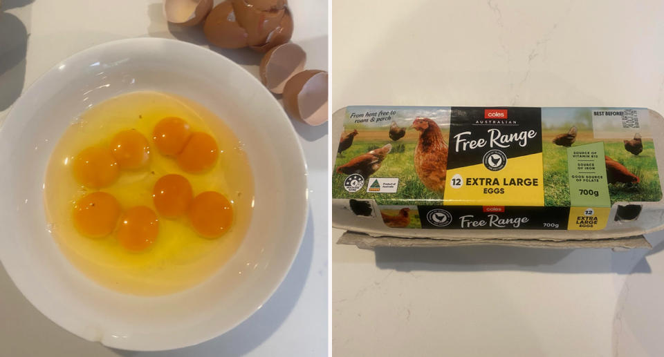 Double yolks found inside carton of Coles Free Range extra large eggs. 