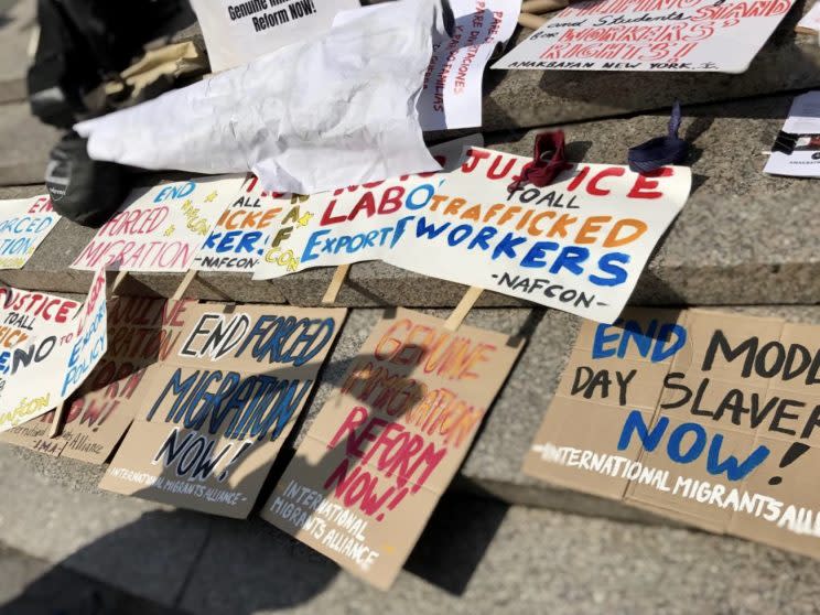 Signs show a sampling of the many causes represented in Union Square Monday in honor of International Worker's Day. (Photo: Caitlin Dickson/Yahoo News)