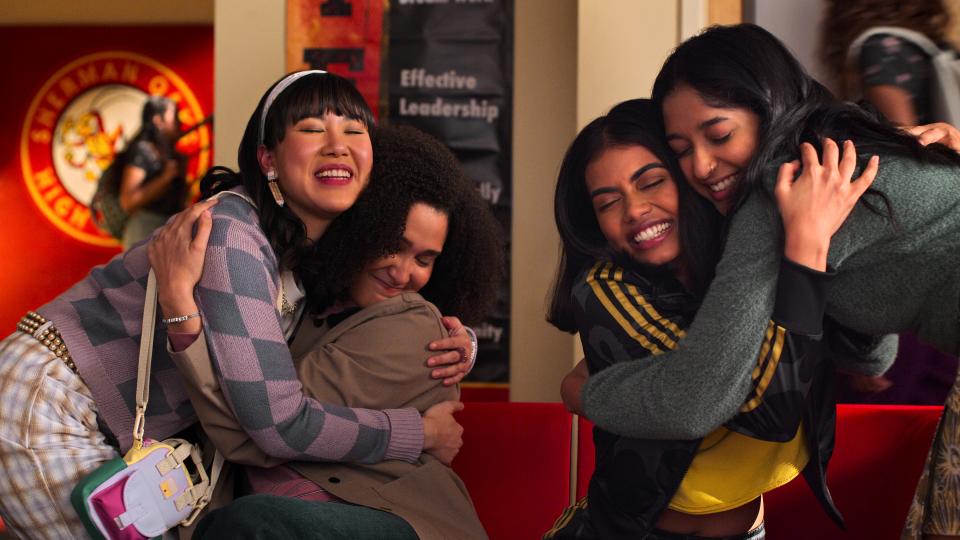 Ramona Young (as Eleanor Wong), Lee Rodriguez (Fabiola Torres), Megan Suri (Aneesa) and Maitreyi Ramakrishnan (Devi) in season 3 of Netflix’s “Never Have I Ever.” - Credit: COURTESY OF NETFLIX