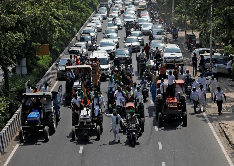 Protest against farm bills passed by India's parliament, in Noida