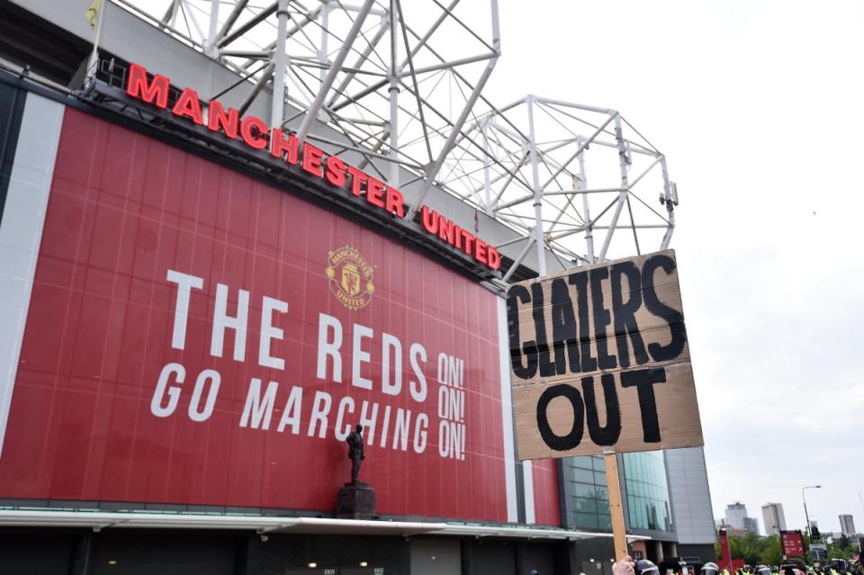 A ‘Glazers Out’ sign held outside Old Trafford, Manchester United’s home ground (Getty Images)