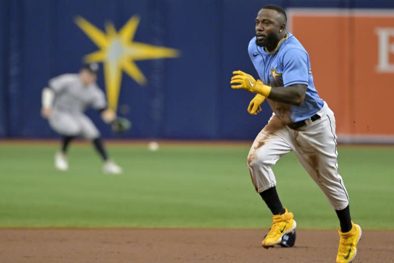Outfielder Randy Arozarena and the Tampa Bay Rays are among the favorites to win the World Series. File Photo by Steve Nesius/UPI