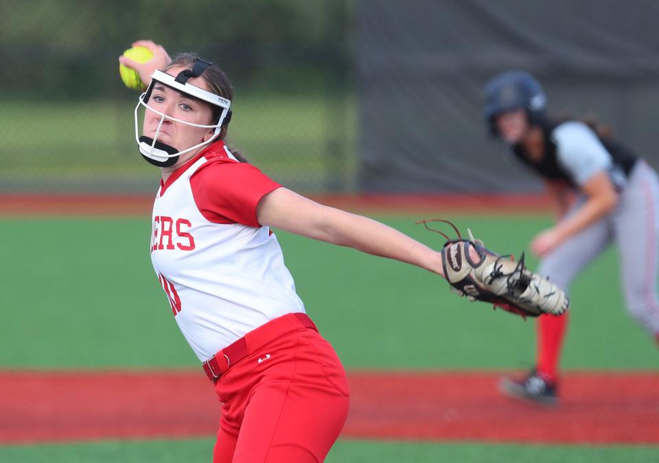 North Rockland's Tara Murphy (10) pitching against Tappan Zee during the Rockland County Challenge at Haverstraw Sports Complex in Garnerville April 20, 2024.