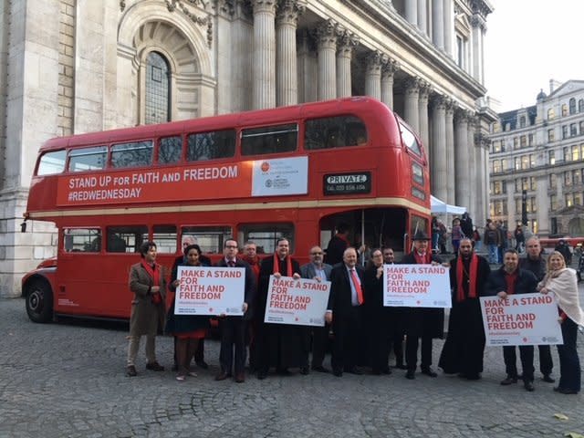 Participants attend a #RedWednesday event in central London.&nbsp;