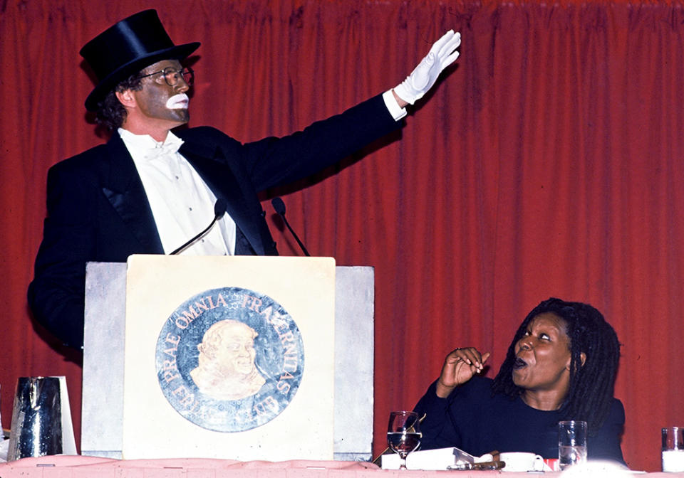 Ted Danson appeared at a Friars Club roast in honour of his then girlfriend Whoopi Goldberg in 1993 in ‘blackface’ make-up: 