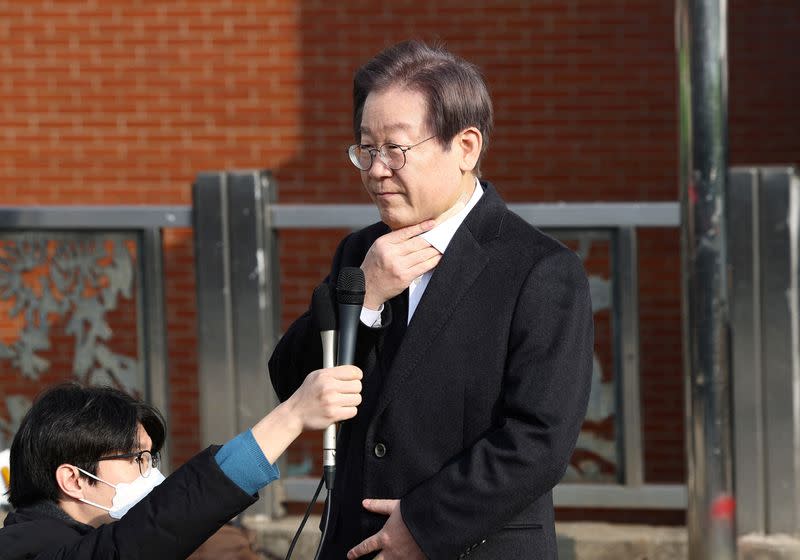 South Korean opposition leader Lee Jae-myung speaks after being discharged in Seoul