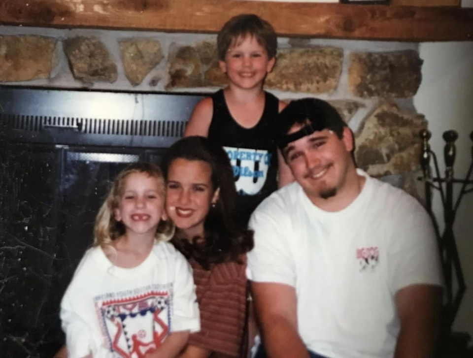 Jason Gibson sits with Katherine (left), childhood friend Heather Tapia (middle left) and his younger brother Christopher (middle right) in 1996.