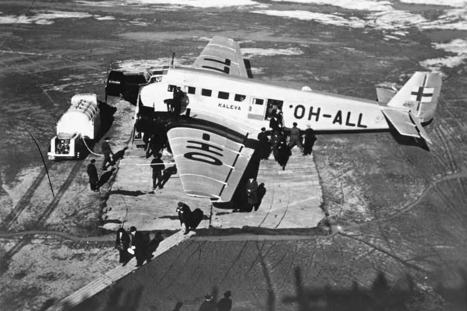 The Junkers Ju 52 aircraft "Kaleva" by the Finnish airline Aero is parked at Helsinki's Malmi Airport in this 1939 photo. With U.S. and French diplomatic couriers aboard, the civilian plane was shot down over the Baltic Sea by Soviet bombers on June 14, 1940 just days before Moscow annexed the three Baltic states. The mysterious case which claimed the lives of nine people is being solved after 84 years as an Estonian diving group has located the aircraft's wreckage off a tiny island close to Tallinn. (Finnish Aviation Museum via AP)