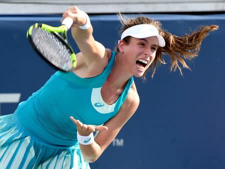 Aug 9, 2017; Toronto, Ontario, Canada; Johanna Konta of Great Britain plays a shot against Ekaterina Makarova of Russia (not pictured) during the Rogers Cup tennis tournament at Aviva Centre. Mandatory Credit: Dan Hamilton-USA TODAY Sports