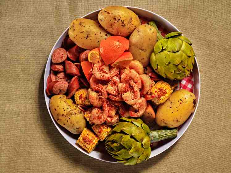 Simple Shrimp Boil with Artichokes and Oranges,