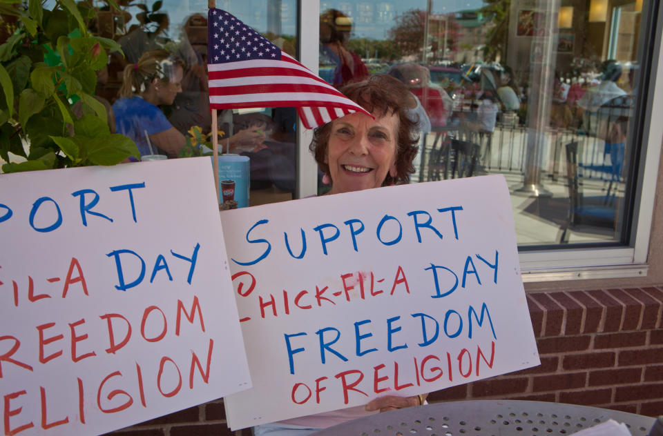 A Chick-fil-A boycott has seemingly backfired, as it's now widely embraced by the Right and supporters such as this woman recently celebrating 'Chick-Fil-A Appreciation Day' in Louisiana. (Photo: Julie Dermansky/Corbis via Getty Images)