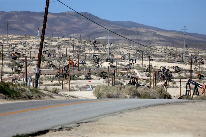 TAFT, CA - MARCH 10: Oil pumpjacks in the hills along State Route 33 (SR 33) on Thursday, March 10, 2022 in Taft, CA. The Biden Administration's to stop importing Russian oil and gas in response to the Russian invasion of Ukraine has recharged the debate over oil development in California, placing building pressure on Gov. Gavin Newsom to OK new drilling projects. (Gary Coronado / Los Angeles Times)