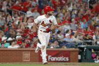 St. Louis Cardinals' Paul DeJong tosses aside his bat as he watches his solo home run during the sixth inning of a baseball game against the Milwaukee Brewers Monday, Aug. 19, 2019, in St. Louis. (AP Photo/Jeff Roberson)