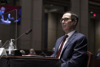 Treasury Secretary Steven Mnuchin testifies during a House Financial Services Committee hearing on the coronavirus response on Capitol Hill in Washington, Tuesday, June 30, 2020. (Tasos Katopodis/Pool via AP)