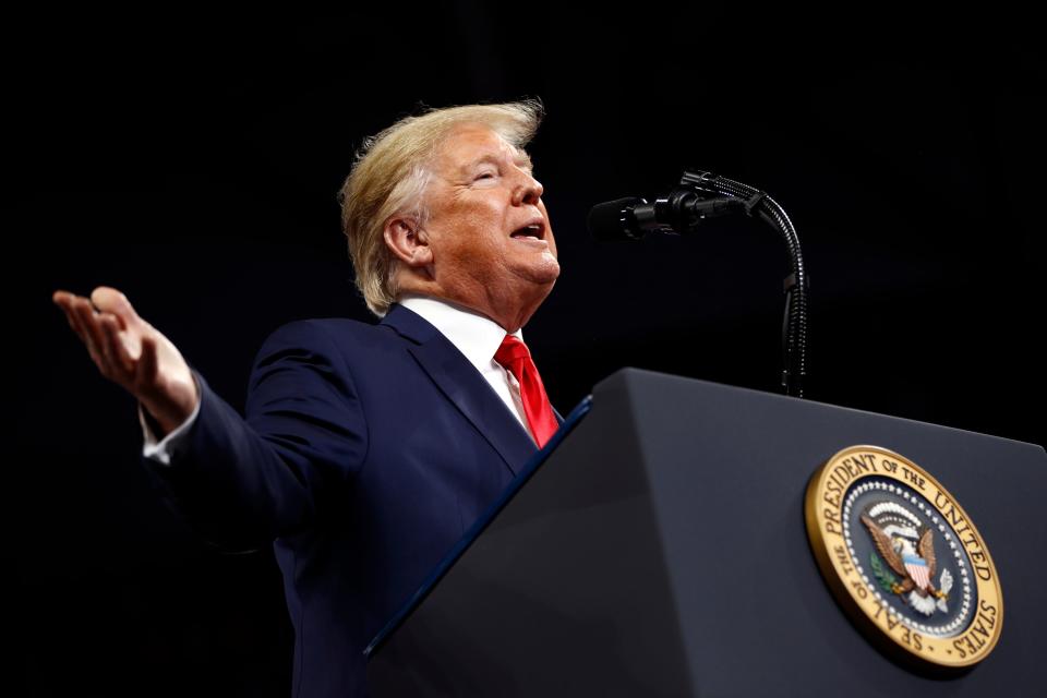 President Donald Trump speaks at a campaign rally, Tuesday, Dec. 10, 2019, in Hershey, Pa.