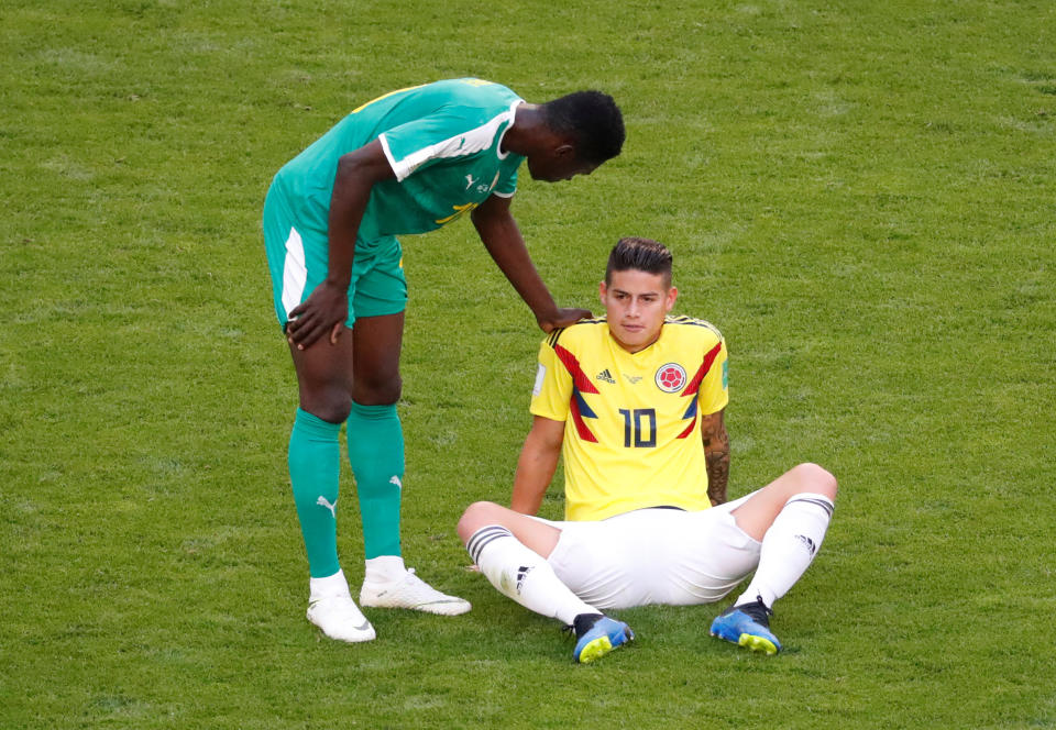 <p>James Rodriguez goes down with an injury </p>