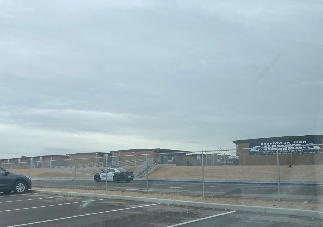 A cruiser parked outside of Barstow Junior High School at 8:33 a.m. Tuesday, Dec. 7, 2021, marked an enhanced police presence on the campus.