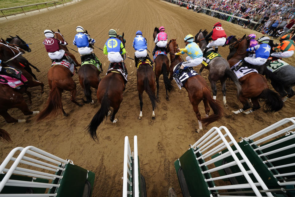 Horses leave the starting gate during the 149th running of the Kentucky Derby horse race at Churchill Downs Saturday, May 6, 2023, in Louisville, Ky. (AP Photo/Brynn Anderson)