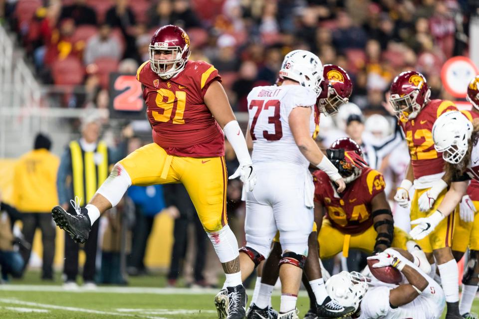 USC Trojans defensive tackle Brandon Pili reacts in the game against the Stanford Cardinal in the third quarter of the Pac-12 Conference championship game at Levi's Stadium.