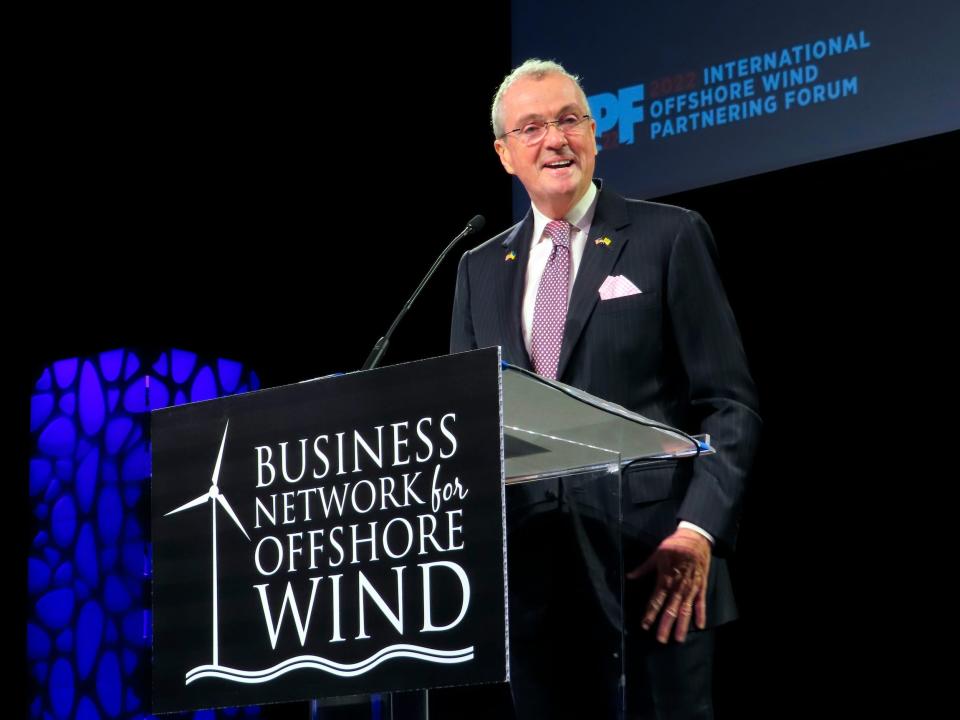 New Jersey Gov. Phil Murphy speaks at an international offshore wind conference in Atlantic City, New Jersey, on April 28, 2022.