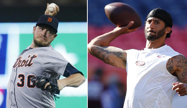 Tigers reliever Alex Wilson (left) is firmly against Colin Kaepernick's protest. (AP)