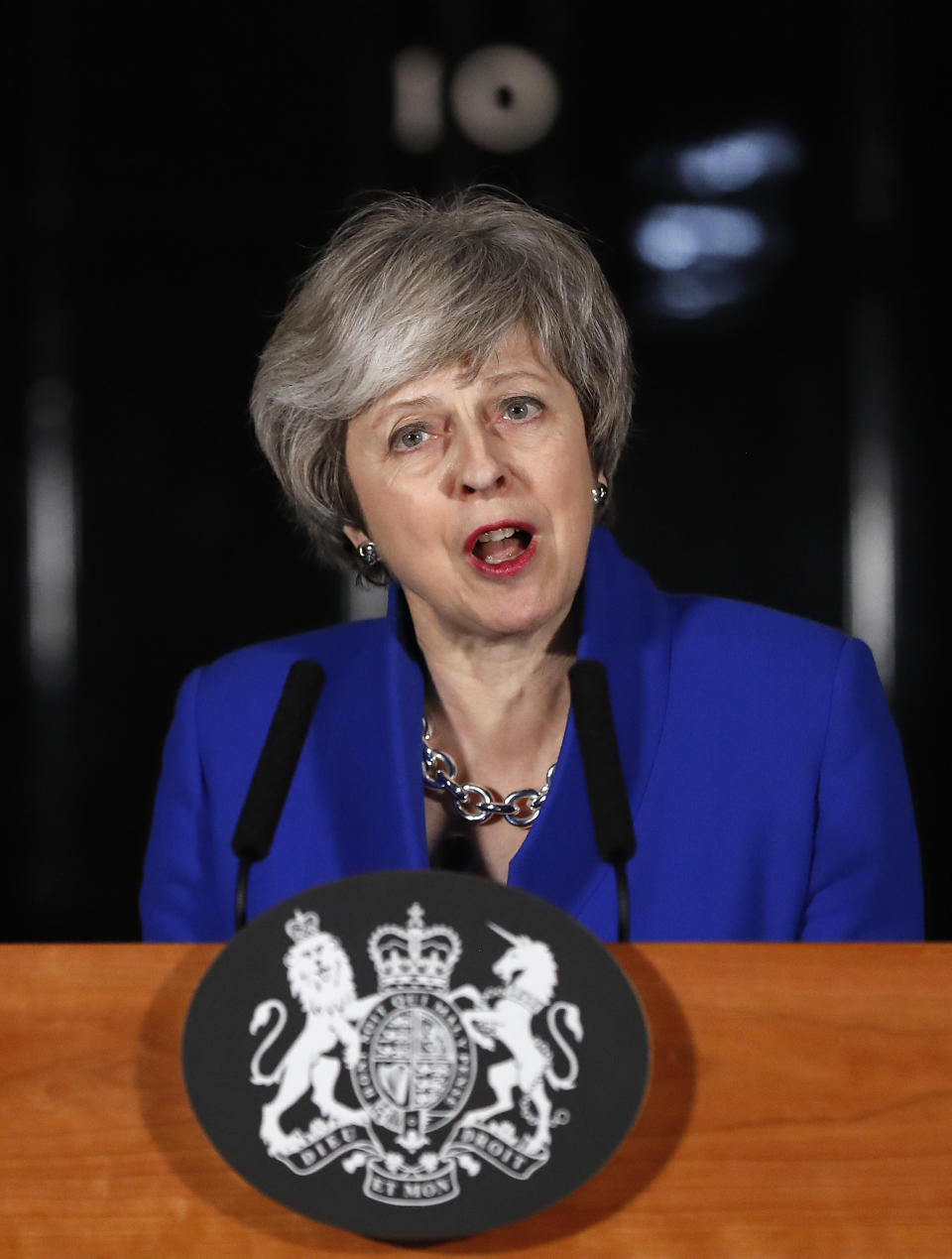 British Prime Minister Theresa May speaks outside 10 Downing street in London, Wednesday, Jan. 16, 2019. May's government survived a no-confidence vote Wednesday called after May's Brexit deal was overwhelmingly rejected by lawmakers. (AP Photo/Frank Augstein)